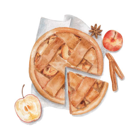 Homemade apple pie hand drawn watercolor illustration, isolated on white with clipping pathの写真素材