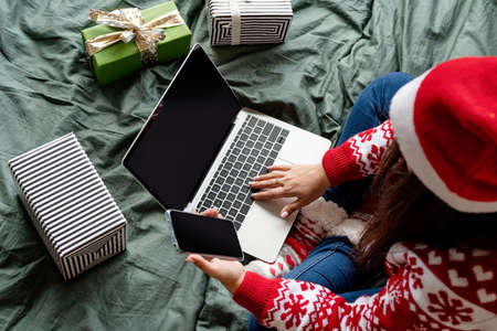 Merry Christmas and Happy New Year. beautiful cozy kitchen decorated for Christmasの写真素材