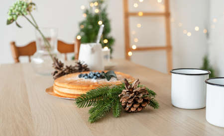 Merry Christmas and Happy New Year. beautiful cozy kitchen decorated for Christmas