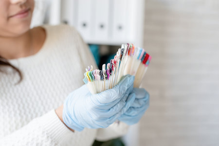 Female manicure master in gloves working in nail salon holding various plastic nails tips with colorful polishの写真素材