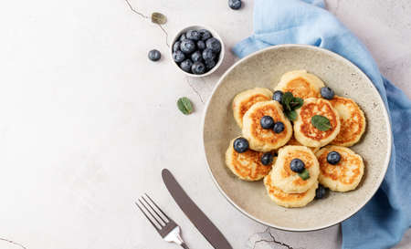 Cottage cheese fritters with blueberries on ceramic plate on concrete background. Healthy calcium breakfast, lunch or snack. traditional russian food. close upの写真素材