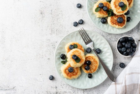 Cottage cheese fritters with blueberries on ceramic blue plate on concrete background. Healthy calcium breakfast, lunch or snack. traditional russian food. close upの写真素材