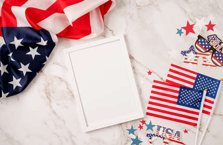 USA independence day party elements top view flat lay on marble backgroundの写真素材
