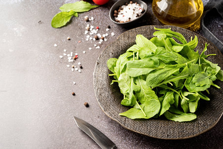 Healthy eating and dieting. Fresh arugula leaves in black bowl with fresh vegetables, copy spaceの写真素材