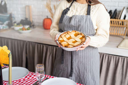 Happy Thanksgiving Day. autumn feast. Woman celebrating holiday cooking traditional dinner at...