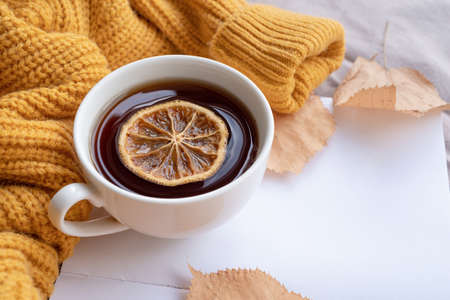 hello fall. Cozy warm image. Cozy autumn composition, sweater weather. Pumpkins, hot tea with lemon...