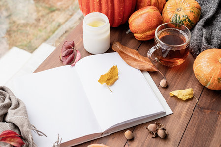 hello fall. Cozy warm image. Cozy autumn composition, sweater weather. Pumpkins, hot black tea, sweaters and opened blank book with leavesの写真素材