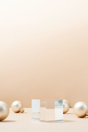 A minimalistic scene of glass podium with christmas pine tree and balls on beige background. Glass catwalk for the presentation of products and cosmetics. Showcase with a stage for products, mockup design, seasonalの写真素材