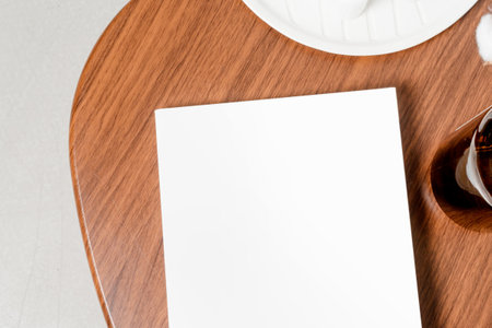 Magazine cover mockup, magazine on coffee table top view flat layの写真素材