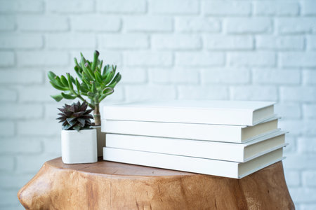stack of white blank books for mockup and white succulent pots on wooden modern table on white brick wall background, mockup designの写真素材