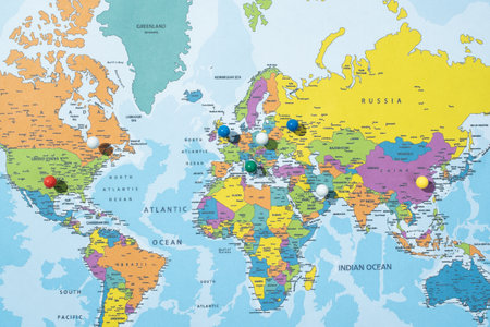 the world Map, various locations with pins, push pin on map closeup