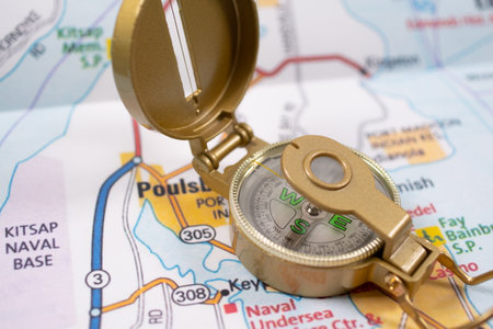 traveler accessories with map, devices and clothes on white background. Top view travel or vacation...