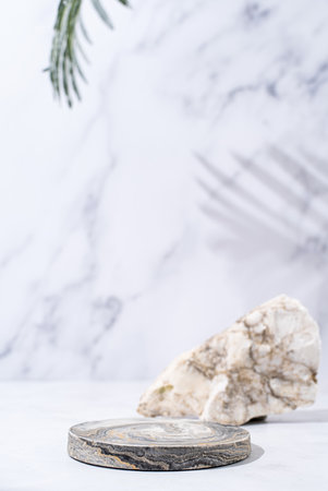 A minimalistic scene of a podium with stones on white background. Round white catwalk for the presentation of products and cosmetics. Showcase with a stage for products, mockup design, seasonalの写真素材