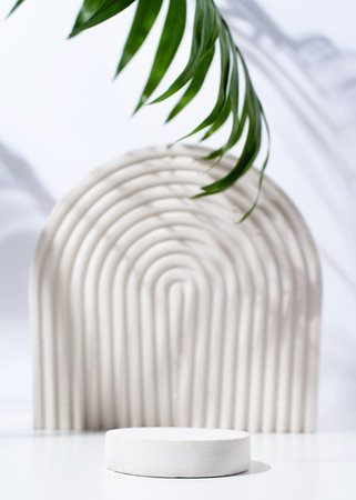 A minimalistic scene of a gypsum podium with stones on white background. Round white catwalk for the presentation of products and cosmetics. Showcase with a stage for products, mockup design, seasonalの写真素材