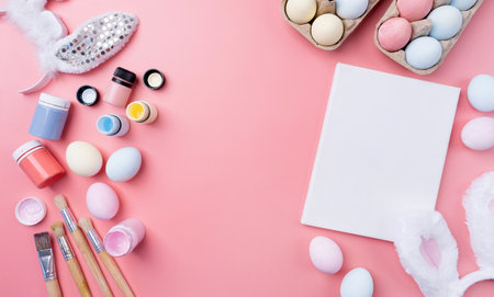 Spring holidays, Happy Easter. Pastel colored Easter eggs with blank white frame for mockup design...