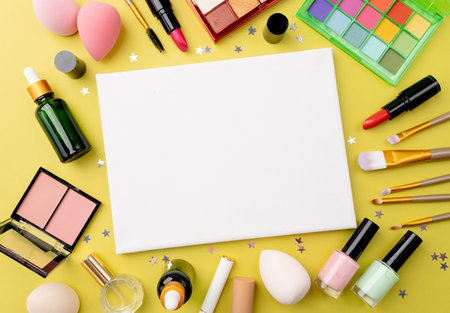 Bright summer eyeshadow palette and makeup products on green backgroundの写真素材