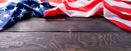 USA Memorial day, Presidents day, Veterans day, Labor day, or 4th of July celebration. American flag on dark wooden backgroundの写真素材