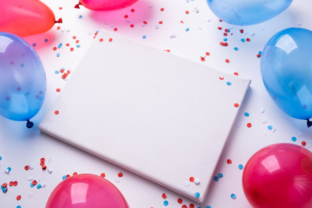 USA Memorial day, Presidents day, Veterans day, Labor day, or 4th of July celebration. Blank white canvas frame for mockup design with colorful balloons and confettiの写真素材