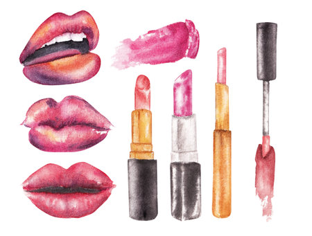 Multicolor liquid lipstick smudges isolated on white background. Lip gloss and lipstick smears. Makeup watches. Cosmetic product strokes, watercolorの写真素材