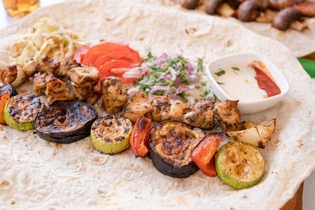 Grilled kebab with pita bread and vegetables on tray in summer fast food street cafe, shawarma in pit of fresh vegetables and meat. National Armenian foodの写真素材
