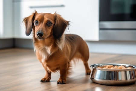 Dachshund Dog standing next to the food bowl at home kitchen, front view. Natural dog food, pet careの素材