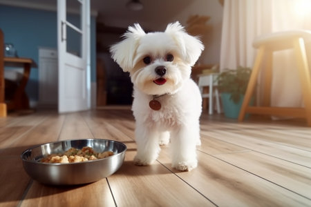 Cute Bichon Frize Dog standing next to the food bowl at home kitchen, front view. Natural dog food, pet careの素材