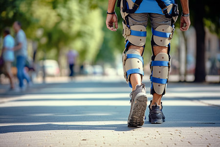 Unrecognizable woman wearing shorts and leg braces or orthosis walking on the street, view from behind. Generative AIの素材