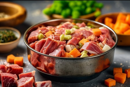 natural raw dog food. Fresh pure beef meat, vegetables in bowl. BARF diet for dogs. Generative AIの素材