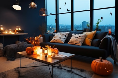 Modern living room interior design in yellow and black colors, decorated for Halloween, beautiful candles and lights, round coffee table. Generative AIの素材