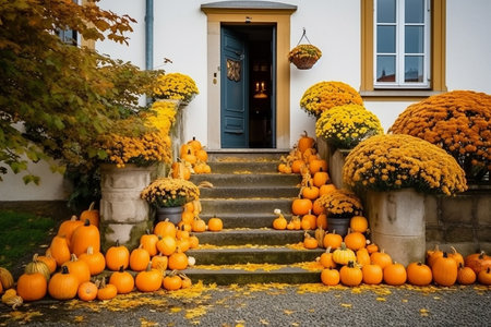 Colorful Pumpkins and Flowers on the Stairs of house, outdoors, decoration for Halloween. Generative AIの素材