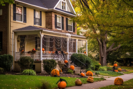 Colorful Pumpkins and Flowers on the Stairs of house, outdoors, decoration for Halloween. Generative AIの素材