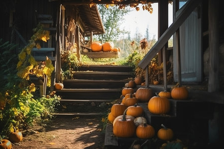Colorful Pumpkins and Flowers on the Stairs of house, outdoors, decoration for Halloween. Generative AIの素材