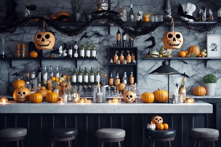 Scary and spooky bar interior design decorated for Halloween, Generative AIの素材
