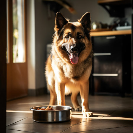 dog standing next to the bowl. Generative AIの素材