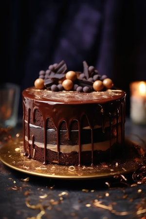 Beautiful designer chocolate cake with golden decorations on stand, Generative AIの素材