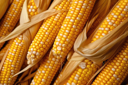 Grains of ripe corn. Yellow ripe raw corn ears, autumn harvest, AI Generatedの素材