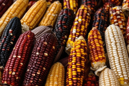 Grains of ripe corn. Colorful ripe raw corn ears, autumn harvest, AI Generatedの素材