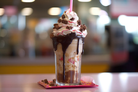 Strawberry Ice Cream and chocolate Freakshake or Extreme milkshake in Jar on table in restaurant, AI Generatedの素材