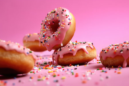 Colorful donuts falling and crashing on pink background, Generative AIの素材