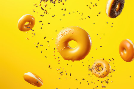 Colorful donuts falling and crashing on yellow background, Generative AIの素材