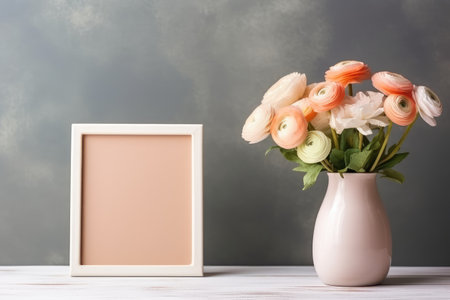 Empty white frame mockup with Scandinavian look, ranunculus flowers in vase on dark wall, AI Generatedの素材
