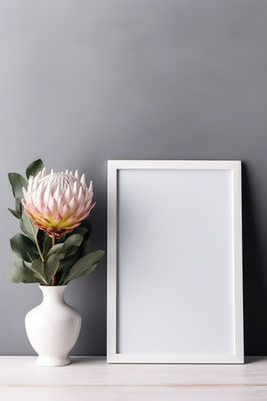 Empty white frame mockup with Scandinavian look, protea flowers in vase on gray wall, AI Generatedの素材