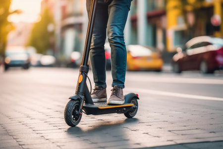 city transport. Close up of unrecognizable man riding a scooter at the city street, AI Generatedの素材