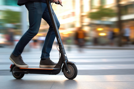 city transport. Close up of unrecognizable man riding a scooter at the city street, AI Generatedの素材