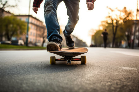 city transport. Close up of unrecognizable man riding a skateboard at the city street, AI Generatedの素材