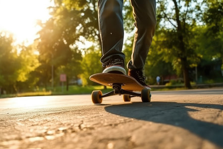 city transport. Close up of unrecognizable man riding a skateboard at the city street, AI Generatedの素材