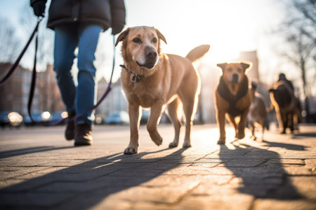 Walking the pack/array of dogs, being walked by single person in the background on city sidewalk. AI Generatedの素材