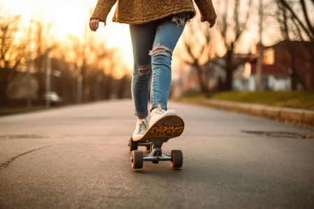 city transport. Close up of unrecognizable woman riding a skateboard at the city street, AI Generatedの素材