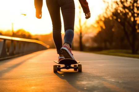 city transport. Close up of unrecognizable woman riding a skateboard at the city street, AI Generatedの素材