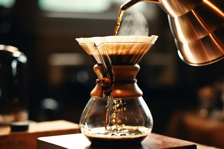 Alternative coffee brewing method,pure over,glass teapot on wooden tray with freshly brewed coffee on dark background. AI Generatedの素材